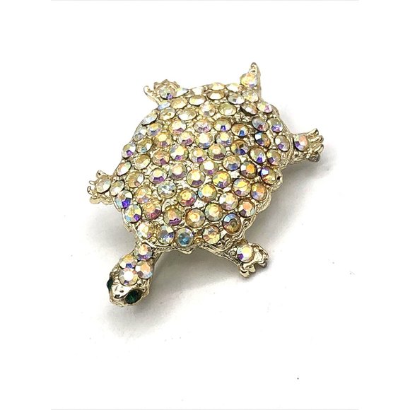 Vintage Turtle AB Glass Rhinestone Brooch Pin Goldtone Figural Animal - Picture 3 of 9